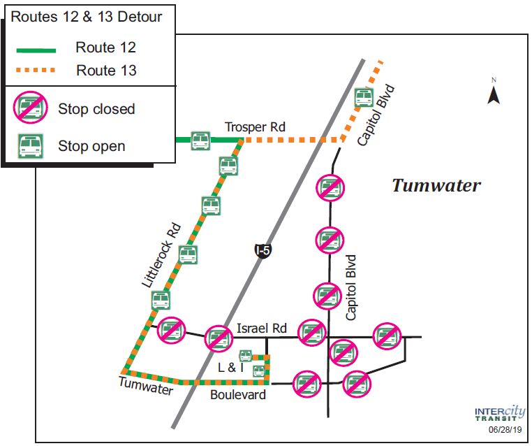 Routes 12 & 13 will be on detour in Tumwater on Thursday, July 4 from 9